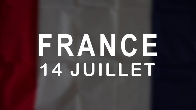 Happy Bastille Day Lettering Text Animation with waving flag and fireworks. Great for Bastille day france Celebrations, Ceremonies, Festivals, and greetings. Happy Bastille day 14th of july. 4K.