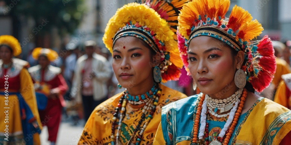 Wall mural two women wearing bright traditional costumes with elaborate headpieces participate in a cultural pa