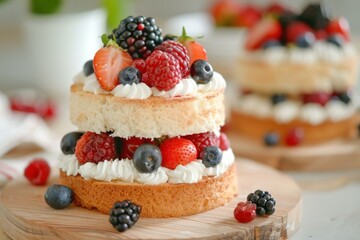 Delectable sponge cake with cream and assorted berries on a rustic wooden board, ideal for dessert
