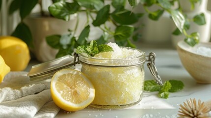 A glass jar filled with homemade lemon and mint sugar scrub, with a lemon slice and mint leaves beside it. The scrub is a light yellow color and is topped with a sprig of mint.