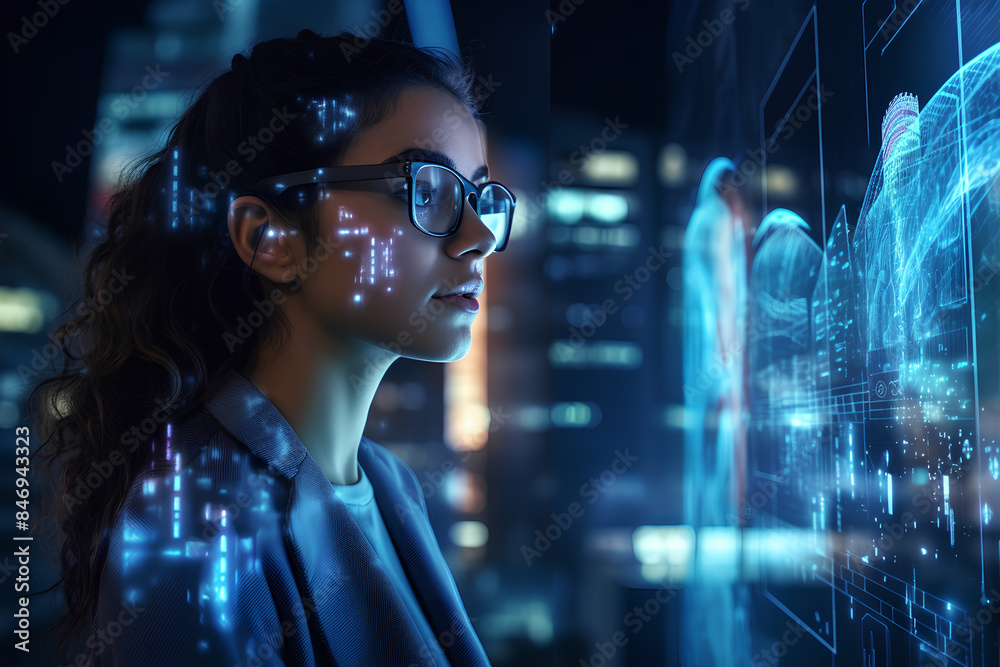 Wall mural software, coding hologram and woman on tablet thinking of data analytics, digital technology and nig