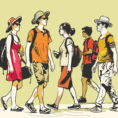 Group young adults walking, casual summer clothing, backpacks, hats, leisure activity. Friends stroll together, outdoors, animated conversation, diverse, male female characters. Urban setting