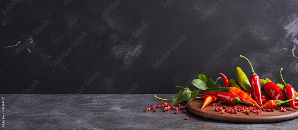 Leinwandbilder close-up view of a variety of chili peppers arranged on a plate, displayed on a wooden table. with c
