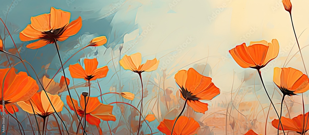 Poster vivid orange blooms spread across a meadow against a backdrop of clear blue sky in a photo painting.