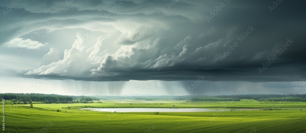Poster Landscape depicting a serene green field with a lake under a large cloud, evoking a sense of tranquility. with copy space image. Place for adding text or design
