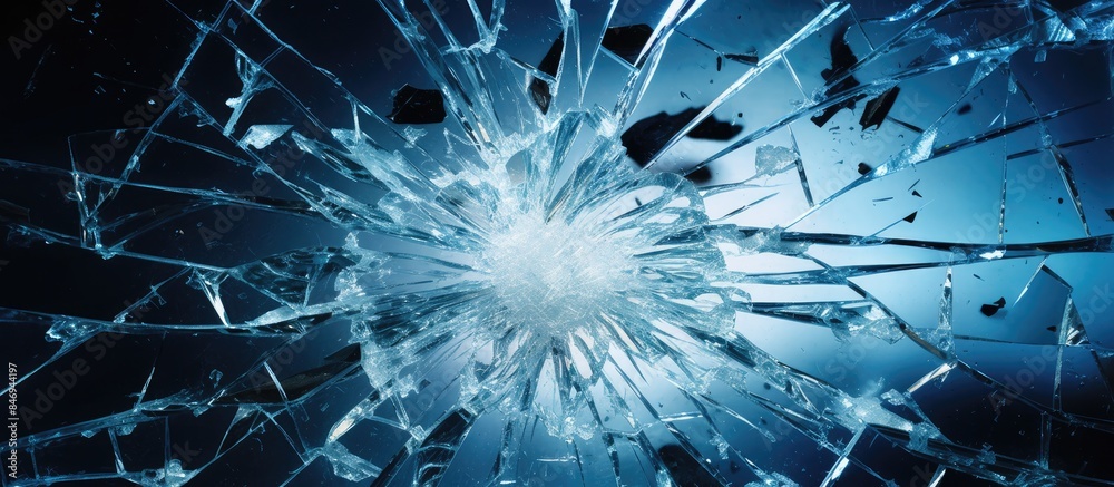 Poster Shattered tempered glass cleanup needed due to an exploding shower door, showing a broken glass window with a hole in the middle. with copy space image. Place for adding text or design