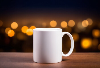 Obraz premium A white mug mockup sitting on a table against a blurred lights background