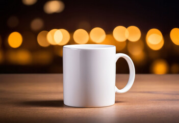 Obraz premium A white mug mockup sitting on a table against a blurred lights background