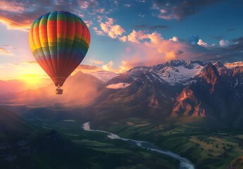 Colorful hot air balloon flying over beautiful valley at sunset. Beautiful landscape with mountains, river and sky with clouds in the background