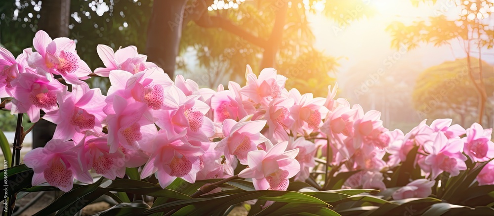 Poster pink flowers bloom in a garden with sunlight filtering through the trees, showcasing the beauty of n