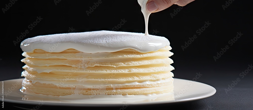 Leinwandbilder sweet cream being poured onto a tall stack of fluffy pancakes on a plate. with copy space image. pla