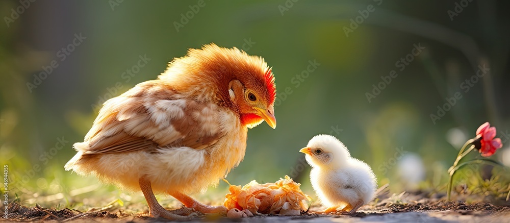 Poster tiny chick eating alongside adult hen in a natural setting. with copy space image. place for adding 