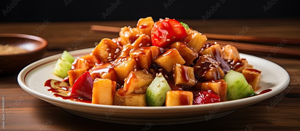 Aufkleber delicious plate of stir-fried tofu mixed with colorful vegetables, showcasing a healthy and flavorfu