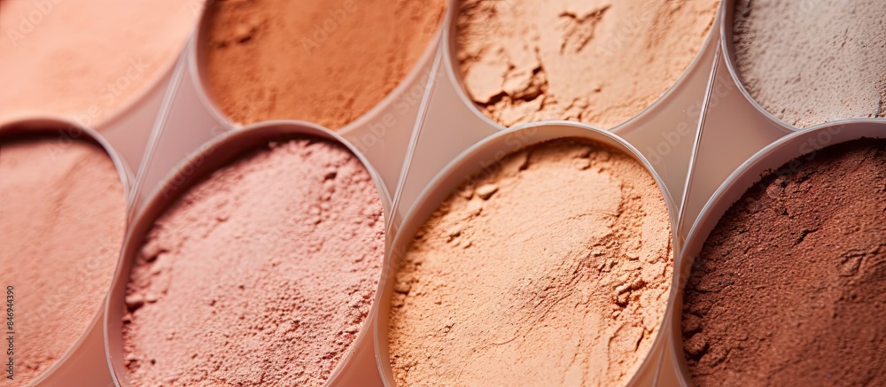 Poster Close-up view showcasing an assortment of colorful powdered pigments, offering a vibrant mix of hues and textures for creative use. with copy space image. Place for adding text or design