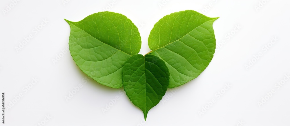 Aufkleber Heart-shaped green leaves placed on a clean white background. with copy space image. Place for adding text or design