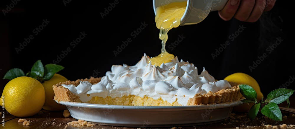 Fototapete a person is seen pouring lemon syrup onto a pie topped with whipped cream in a kitchen setting for a