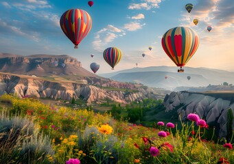 Fototapeta premium Colorful hot air balloons floating over the majestic mountains, surrounded by lush forests and vibrant wildflowers
