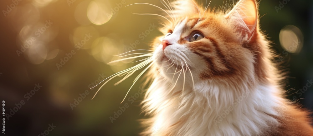 Aufkleber Tabby feline observes the sky with curiosity, showcasing a mix of brown and white fur in an endearing manner. with copy space image. Place for adding text or design