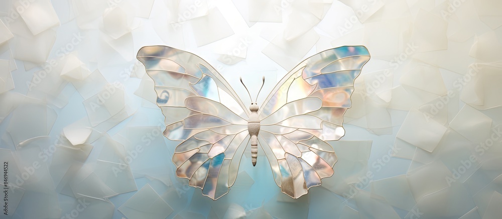 Aufkleber Beautiful mother of pearl butterfly delicately resting on the textured surface of a wall. with copy space image. Place for adding text or design
