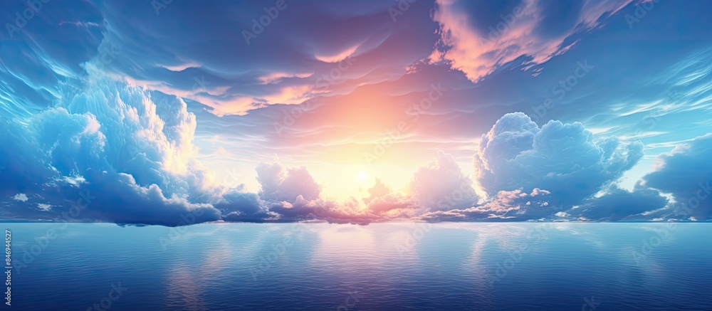 Leinwandbilder sunset at sea with colorful sky, clouds, and sunbeams casting a warm glow over the water. with copy 