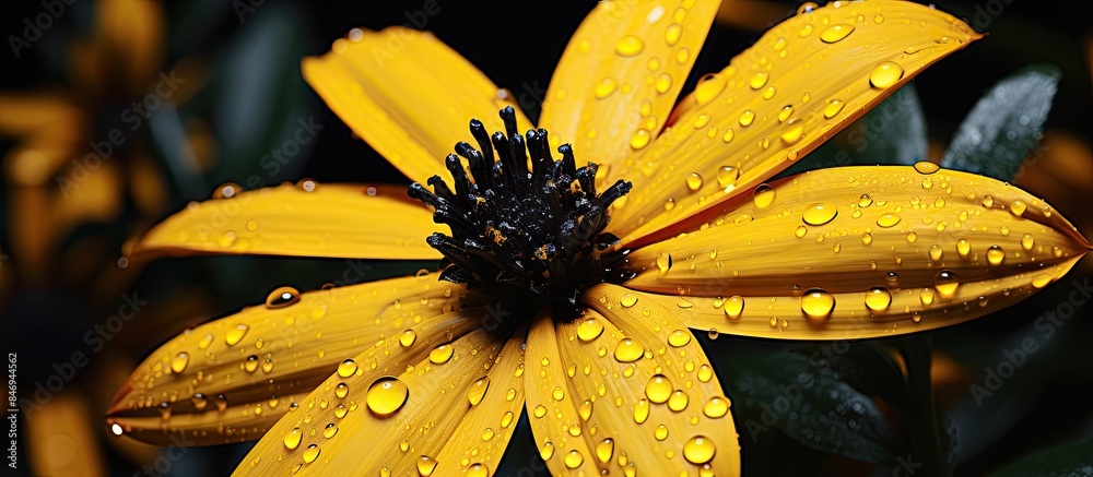 Aufkleber Macro closeup of a vibrant yellow flower with water droplets in a dark forest setting, showcasing detailed views of its black spotted seeds. with copy space image. Place for adding text or design