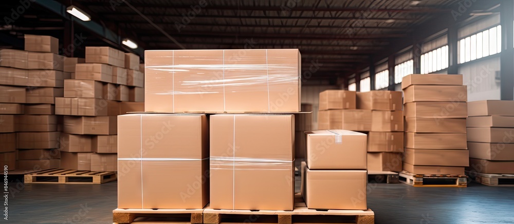 Poster Boxes stacked on pallets with plastic wrap and corner protectors in a warehouse for shipping and storage logistics. with copy space image. Place for adding text or design