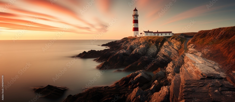 Aufkleber Lighthouse standing tall on rocky coastal cliff overlooking the ocean with crashing waves. with copy space image. Place for adding text or design