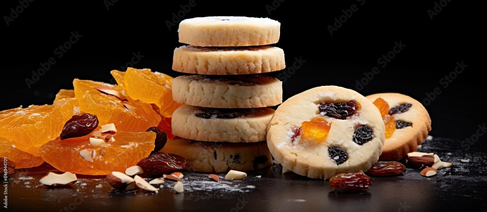 Fototapete Stacked cookies and assorted dried fruit arranged on a table surface. with copy space image. Place for adding text or design
