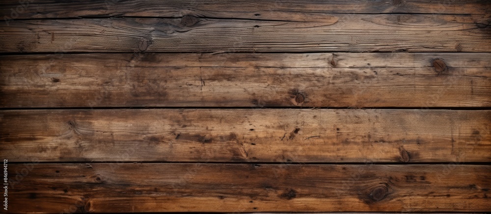 Poster Weathered wooden surface displaying a deep brown stain, showcasing natural aging marks and textures. with copy space image. Place for adding text or design