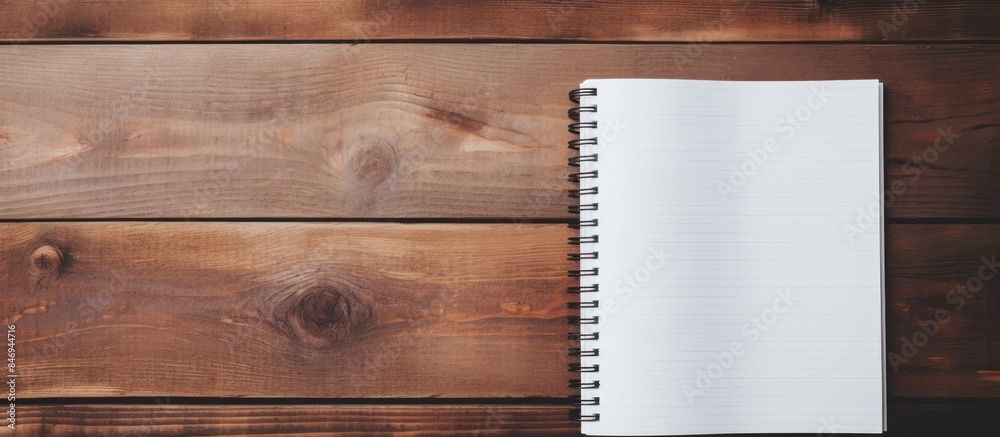 Fototapete A simple scene of an open notebook and a pen placed on a wooden table surface. with copy space image. Place for adding text or design