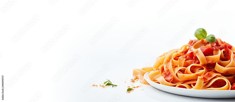 Aufkleber delicious dish of pasta topped with flavorful tomato sauce and fresh basil leaves served in a white 