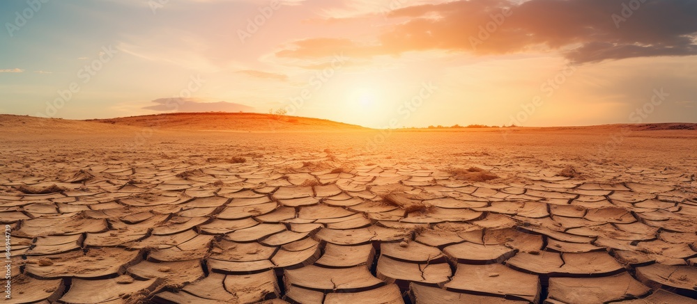Poster Barren dry terrain under a setting sun, portraying the harsh effects of drought and desertification. with copy space image. Place for adding text or design