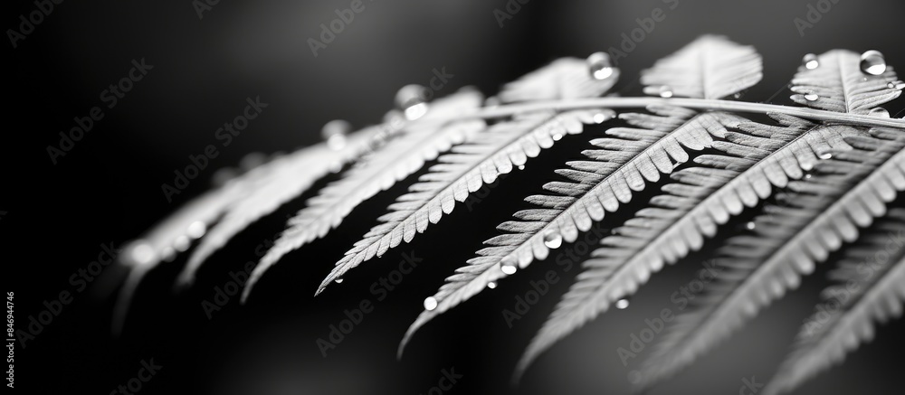Aufkleber Close-up view of a single fern leaf covered in glistening water droplets, showcasing intricate details in nature's design. with copy space image. Place for adding text or design