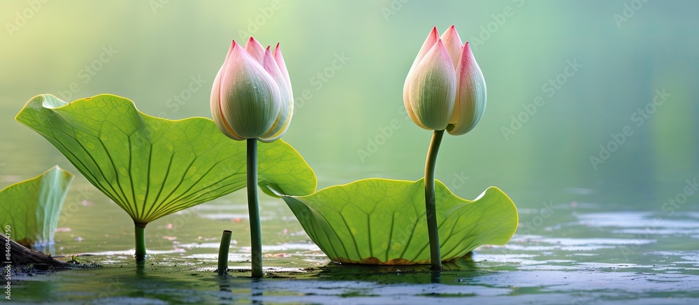 Poster Pair of beautiful pink lotus flowers emerging from the calm water surface. with copy space image. Place for adding text or design