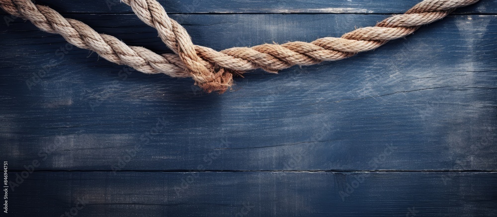Poster Rope in close-up view placed on a textured blue wooden surface, highlighting the intricate details and texture. with copy space image. Place for adding text or design
