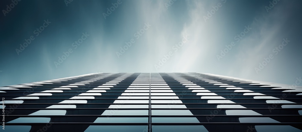 Poster tall modern building exterior set against clear blue sky with scattered clouds. with copy space imag