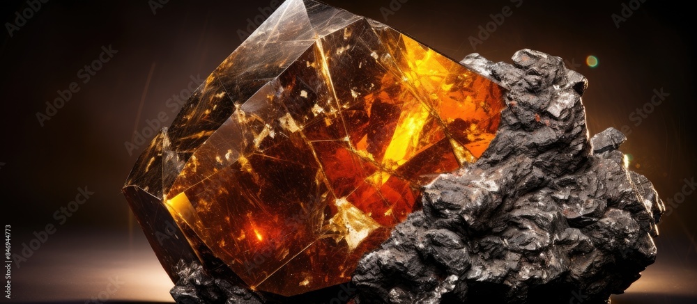 Poster A substantial rock displaying a sizable orange stone resting at its peak. with copy space image. Place for adding text or design
