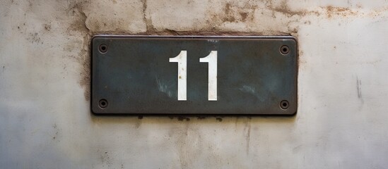 Metal plaque with the number 11 mounted on a wall. with copy space image. Place for adding text or design
