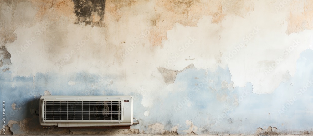 Poster room with peeling paint housing a dusty and aged air conditioner unit, old and rusty compressor moun