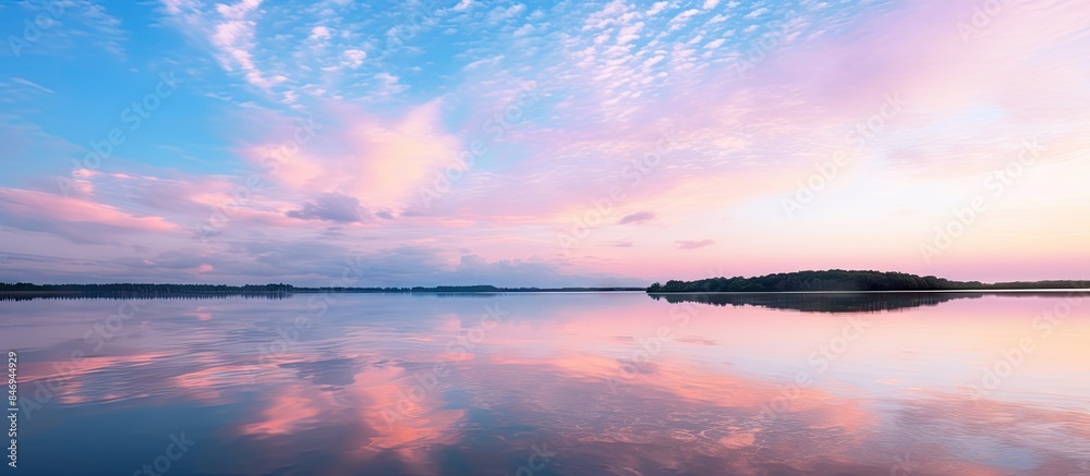 Poster small island visible in the distance on a serene lake, with a stunning pink morning sky reflecting i