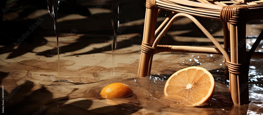 Poster Orange and chair submerged in water, seeds of fruit scattered on rattan chair. with copy space image. Place for adding text or design