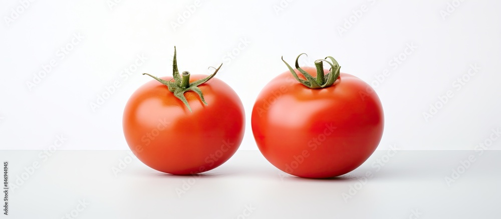 Fototapete Two ripe tomatoes placed on a wooden table, one still attached to the vine, with the other half and one more on a white surface. with copy space image. Place for adding text or design