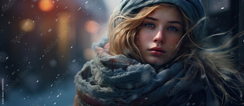 Poster young lady wearing a hat and scarf standing in the snow-covered landscape. with copy space image. pl