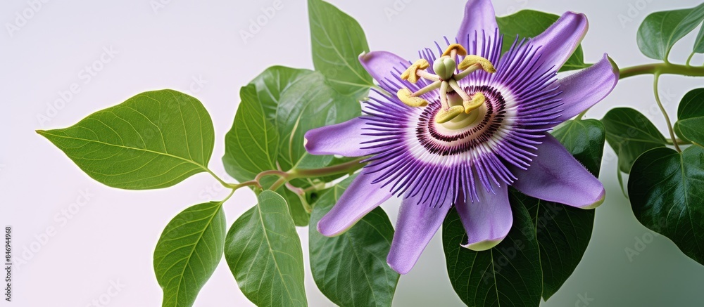 Poster passiflora edulis, purple flower with longer stem than leaf, round bloom, purple petals with stripe,