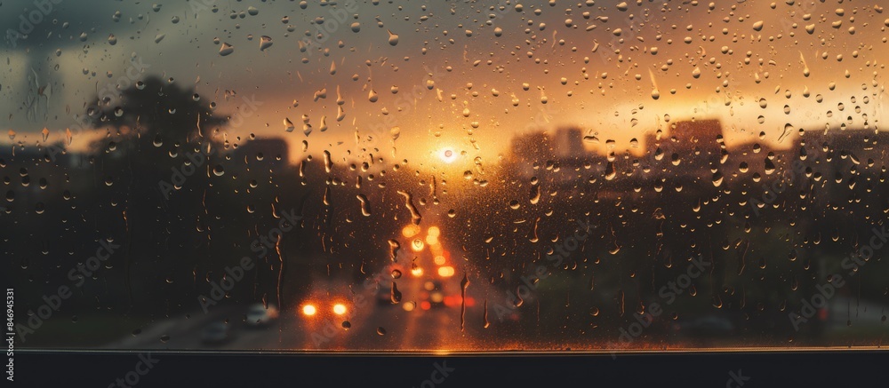 Aufkleber Raindrops on a window revealing a cityscape view during sunset, creating a serene and reflective atmosphere. with copy space image. Place for adding text or design