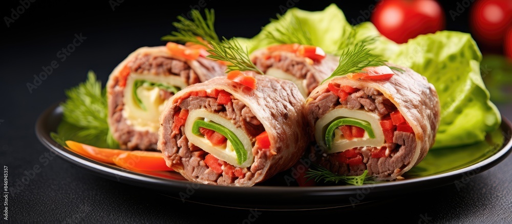Fototapete cheese and red bell peppers stuffed inside a meat roll served with lettuce and dill. with copy space