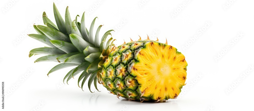 Fototapete A close-up of a pineapple sliced in half, displayed on a plain white background. This tropical fruit is isolated and vibrant. with copy space image. Place for adding text or design