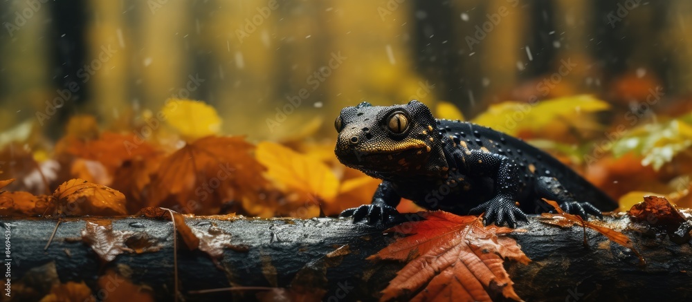 Poster Toad sitting on a wooden log in the rain, amidst wet surroundings. with copy space image. Place for adding text or design