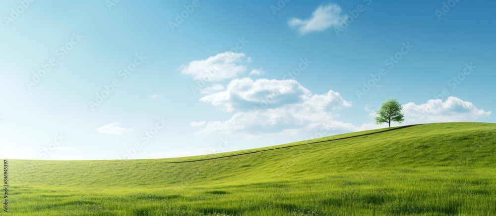 Aufkleber Solitary tree amidst lush spring grass on a hill with a serene blue sky background. with copy space image. Place for adding text or design