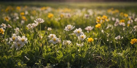 Obraz premium A vibrant and serene image capturing a field of wildflowers basking in the warm glow of the sun during sunset